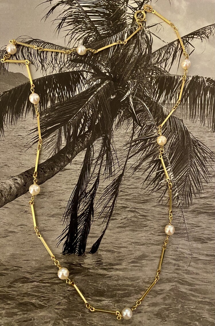 Pearl bar link necklace 14 crt