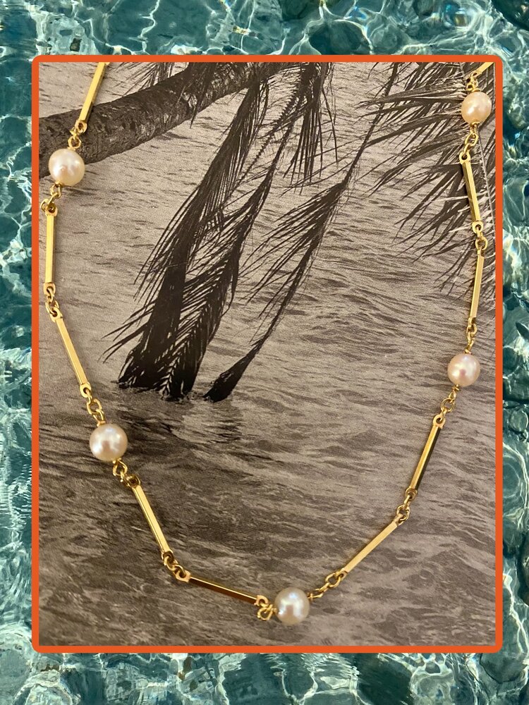 Pearl bar link necklace 14 crt