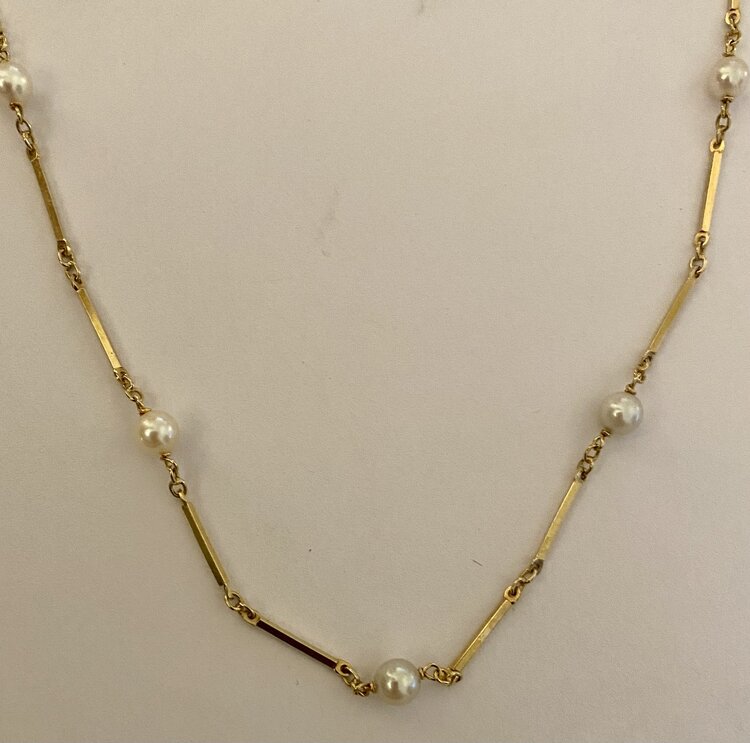 Pearl bar link necklace 14 crt