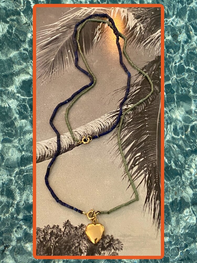 Lapis Lazuli and Jade necklace heart charm 18 crt