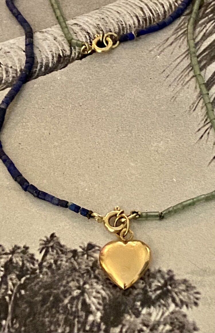 Lapis Lazuli and Jade necklace heart charm 18 crt