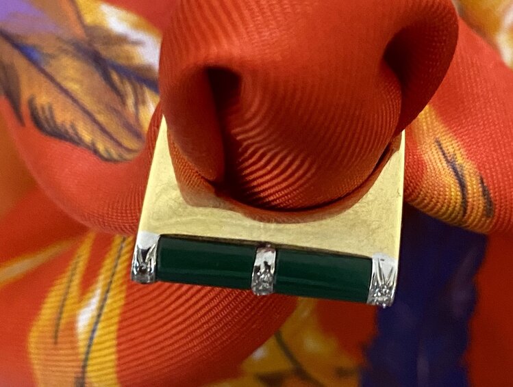 Art Deco occasion diamond malachite ring 14 crt