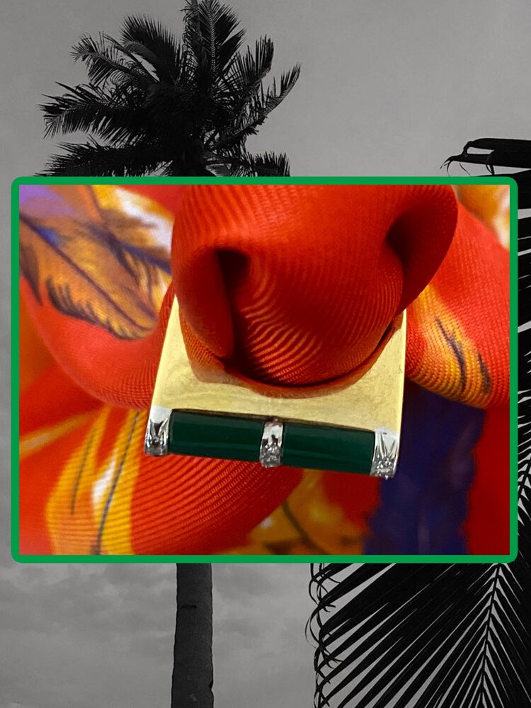 Art Deco occasion diamond malachite ring 14 crt