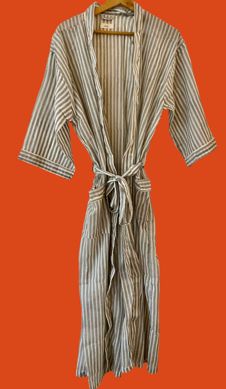 Grey white stripe bathrobe 100% cotton