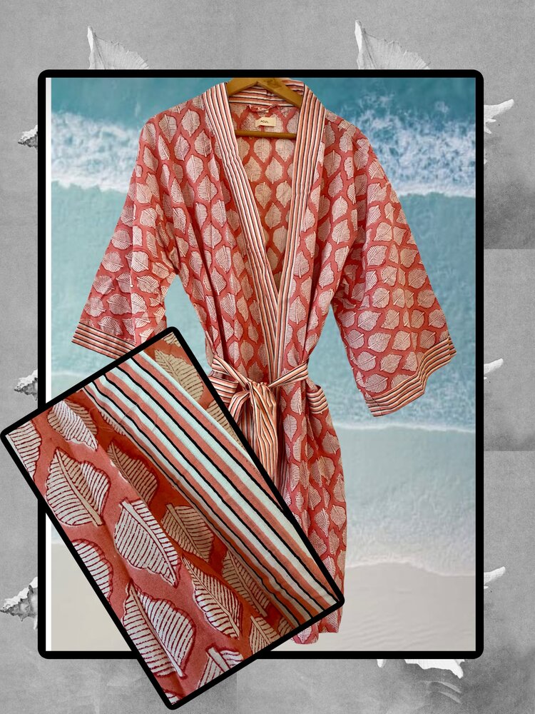 Pink white leaf stripe print bathrobe 100%cotton
