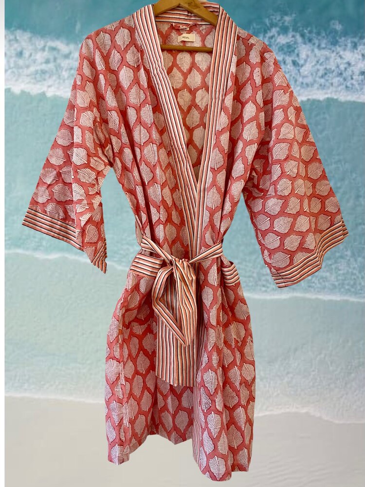 Pink white leaf stripe print bathrobe 100%cotton