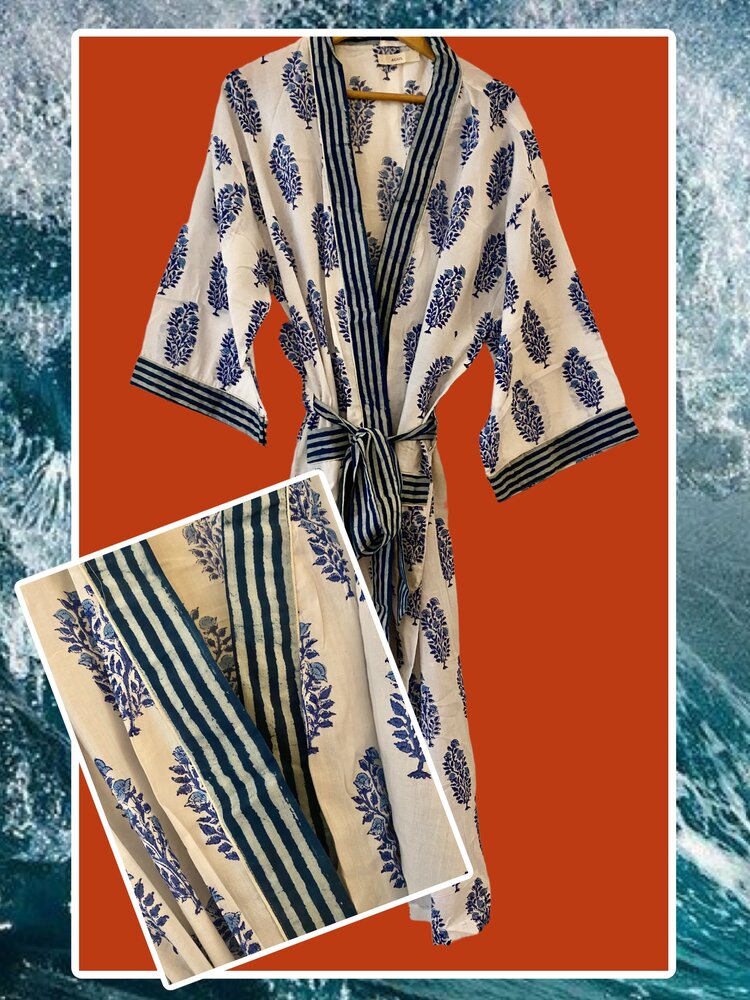 Blue white floral bathrobe 100%cotton