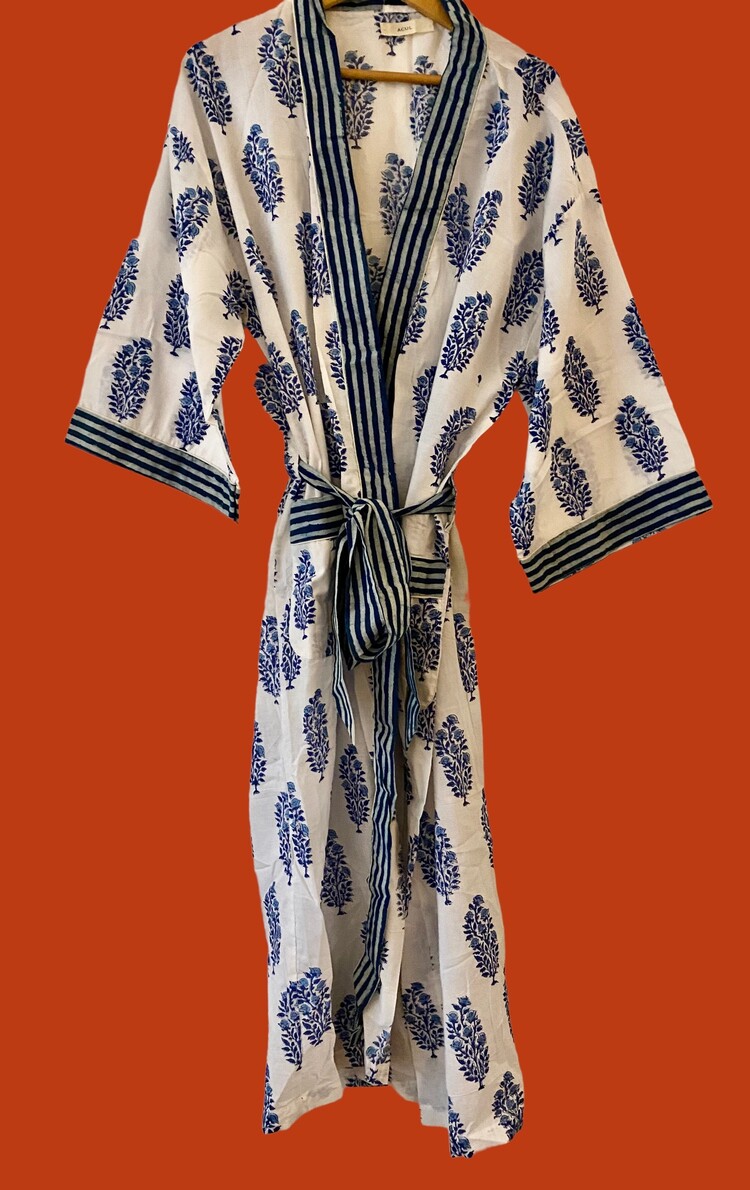 Blue white floral bathrobe 100%cotton