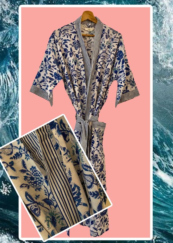 Blue white floral stripe bathrobe 100%cotton