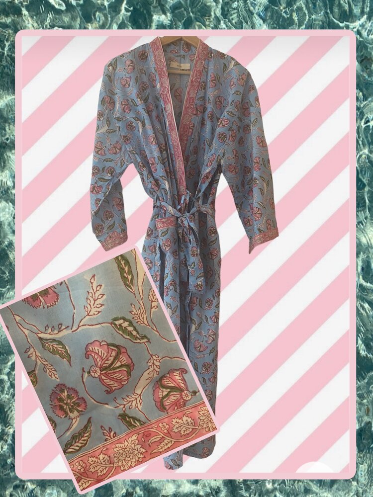 Blue pink flower bathrobe 100% cotton