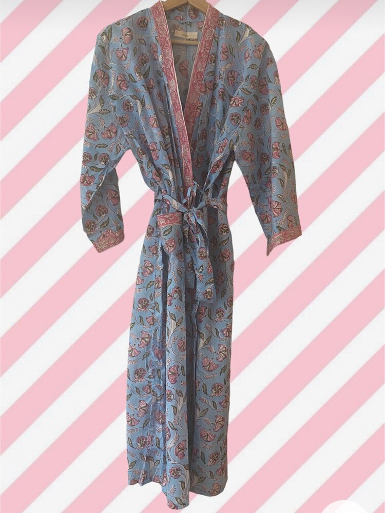 Blue pink flower bathrobe 100% cotton