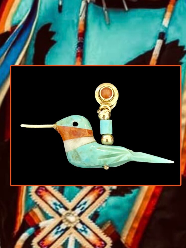 Hopi Navajo Colibri spirit earring turquoise and coral 14 crt