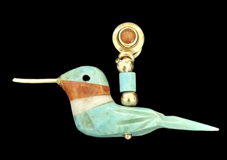 Hopi Navajo Colibri spirit earring turquoise and coral 14 crt