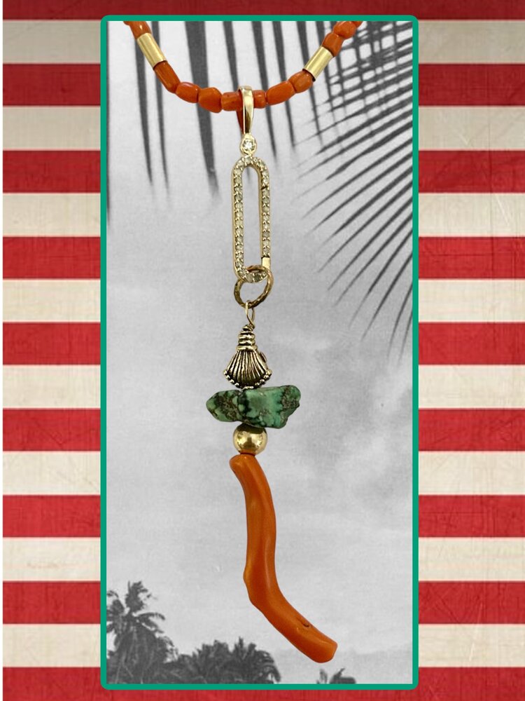 Unpolished Coral shell charm turquoise 14 crt