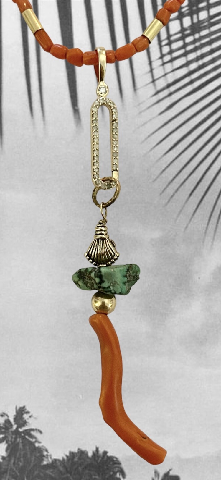 Unpolished Coral shell charm turquoise 14 crt