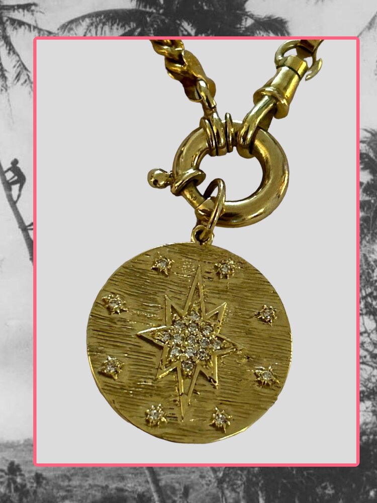 Medium unpolished diamond starburst token charm 14 cr