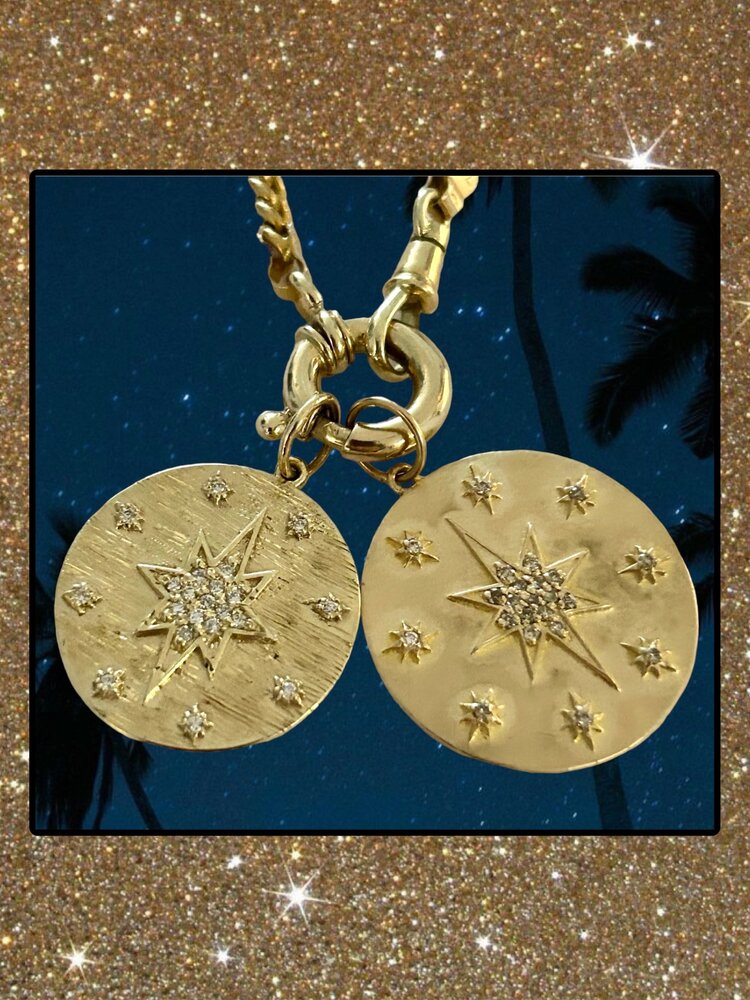 Medium unpolished diamond starburst token charm 14 cr