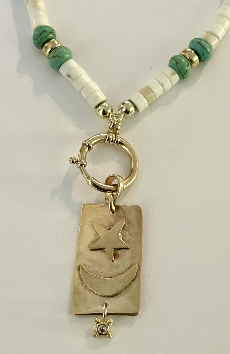 Rectangular Moon Star plaque charm with dangling diamond 14 crt