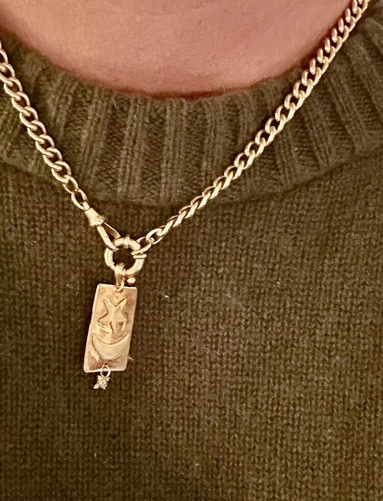 Rectangular Moon Star plaque charm with dangling diamond 14 crt