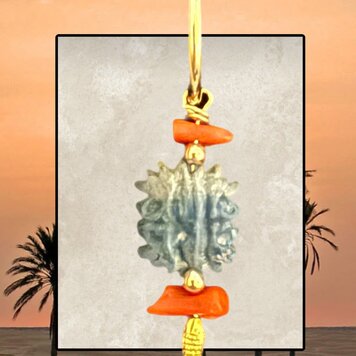 Old faience amulet Egypt with Coral and 22 crt gold fish charm