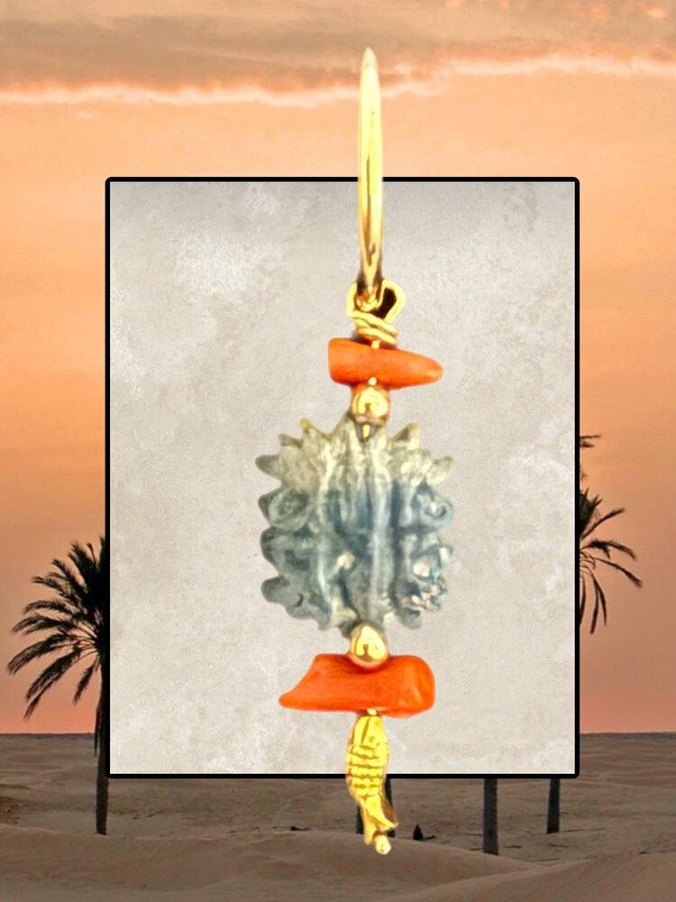 Old faience amulet Egypt with Coral and 22 crt gold fish charm