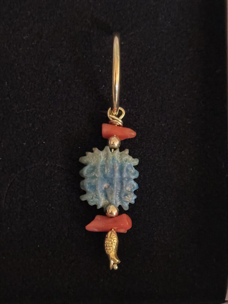 Old faience amulet Egypt with Coral and 22 crt gold fish charm