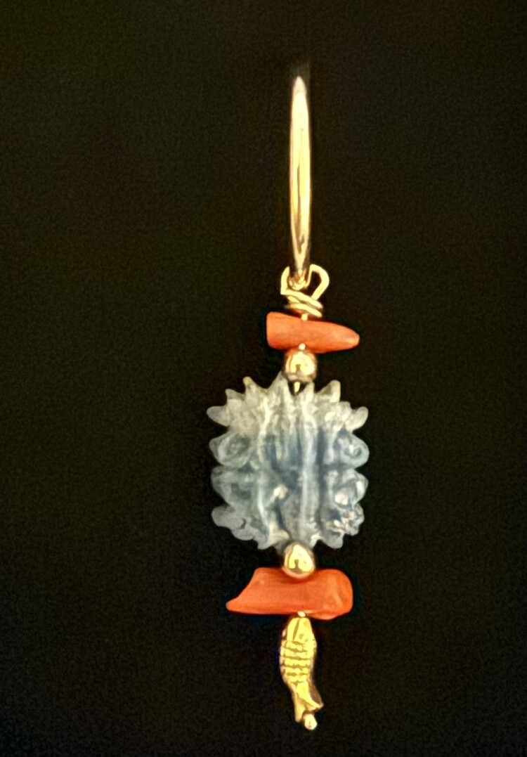 Old faience amulet Egypt with Coral and 22 crt gold fish charm