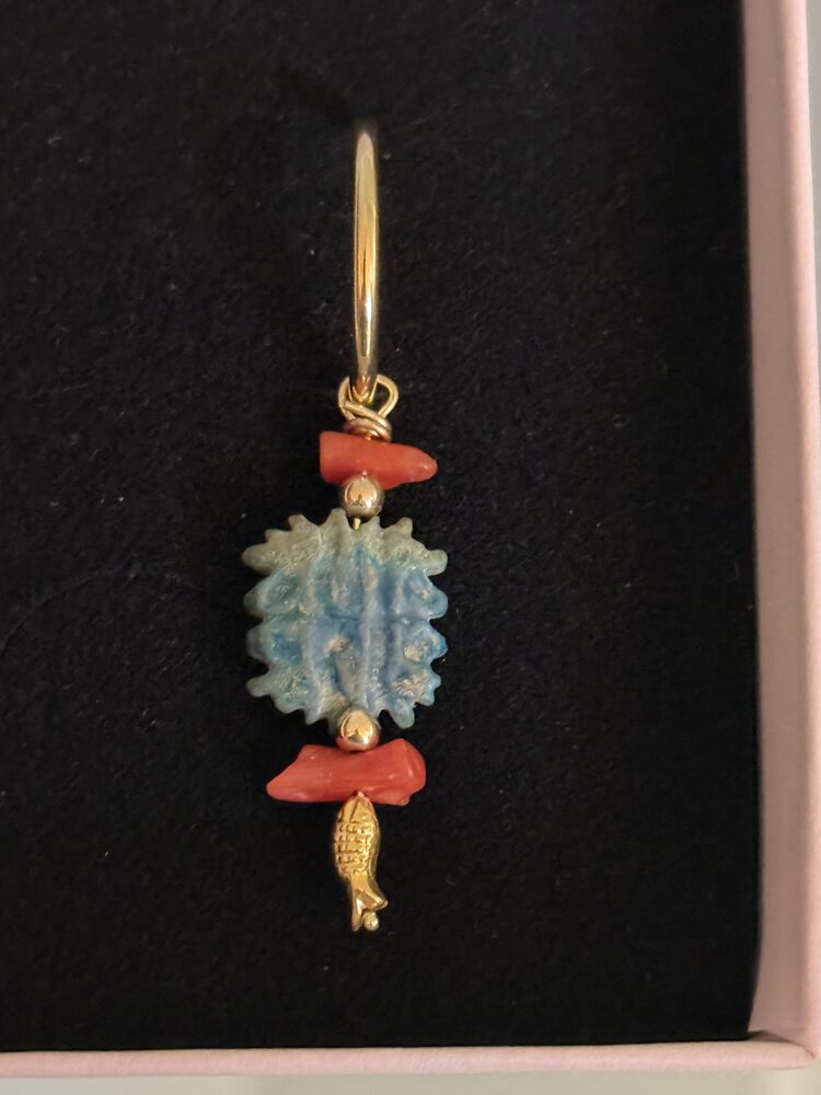 Old faience amulet Egypt with Coral and 22 crt gold fish charm