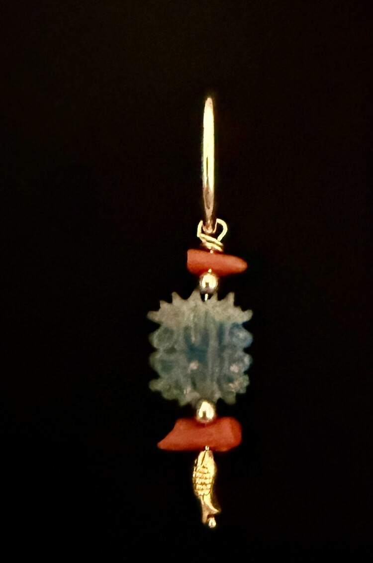 Old faience amulet Egypt with Coral and 22 crt gold fish charm