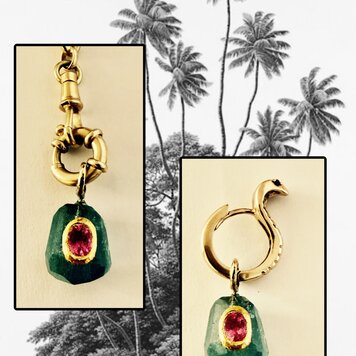 rough unpolished Emerald with Ruby inlay 18 crt