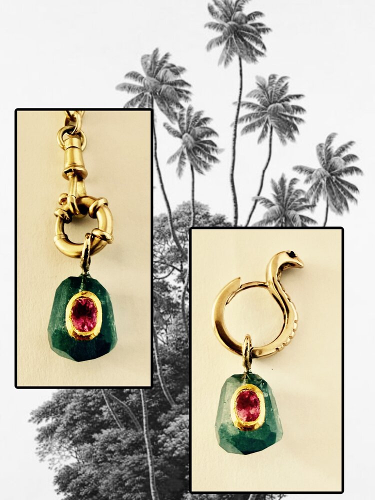 rough unpolished Emerald with Ruby inlay 18 crt