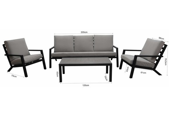 Sessel-Sofa Lounge-Set Bezano | 3-Sitzer | Mattschwarz / Creme | Aluminium