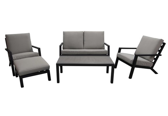 Sessel-Sofa Lounge-Set Bezano | 2-Sitzer | Mattschwarz / Creme | Aluminium