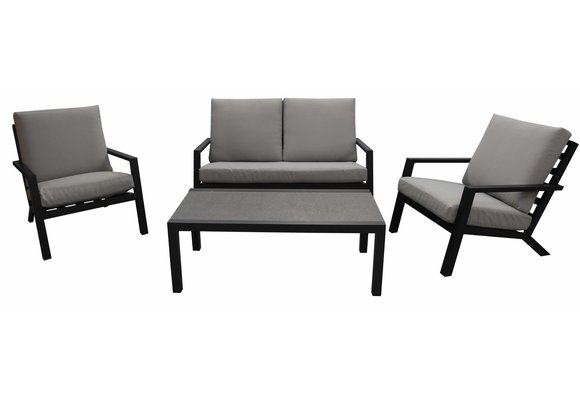 Sessel-Sofa Lounge-Set Bezano | 2-Sitzer | Mattschwarz / Creme | Aluminium