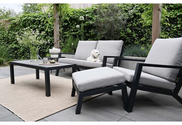 Sessel-Sofa Lounge-Set Bezano | 2-Sitzer | Mattschwarz / Creme | Aluminium