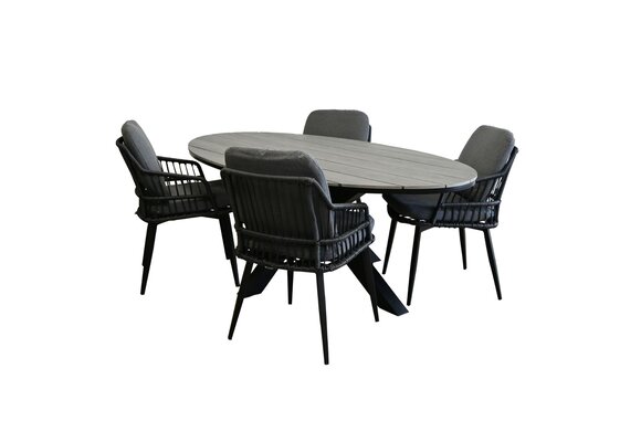 5-teiliges Garten-Set | 4 Isabel-Gartenstühle (Schwarz) | 180cm ovaler Limasol-Gartentisch (Grau)