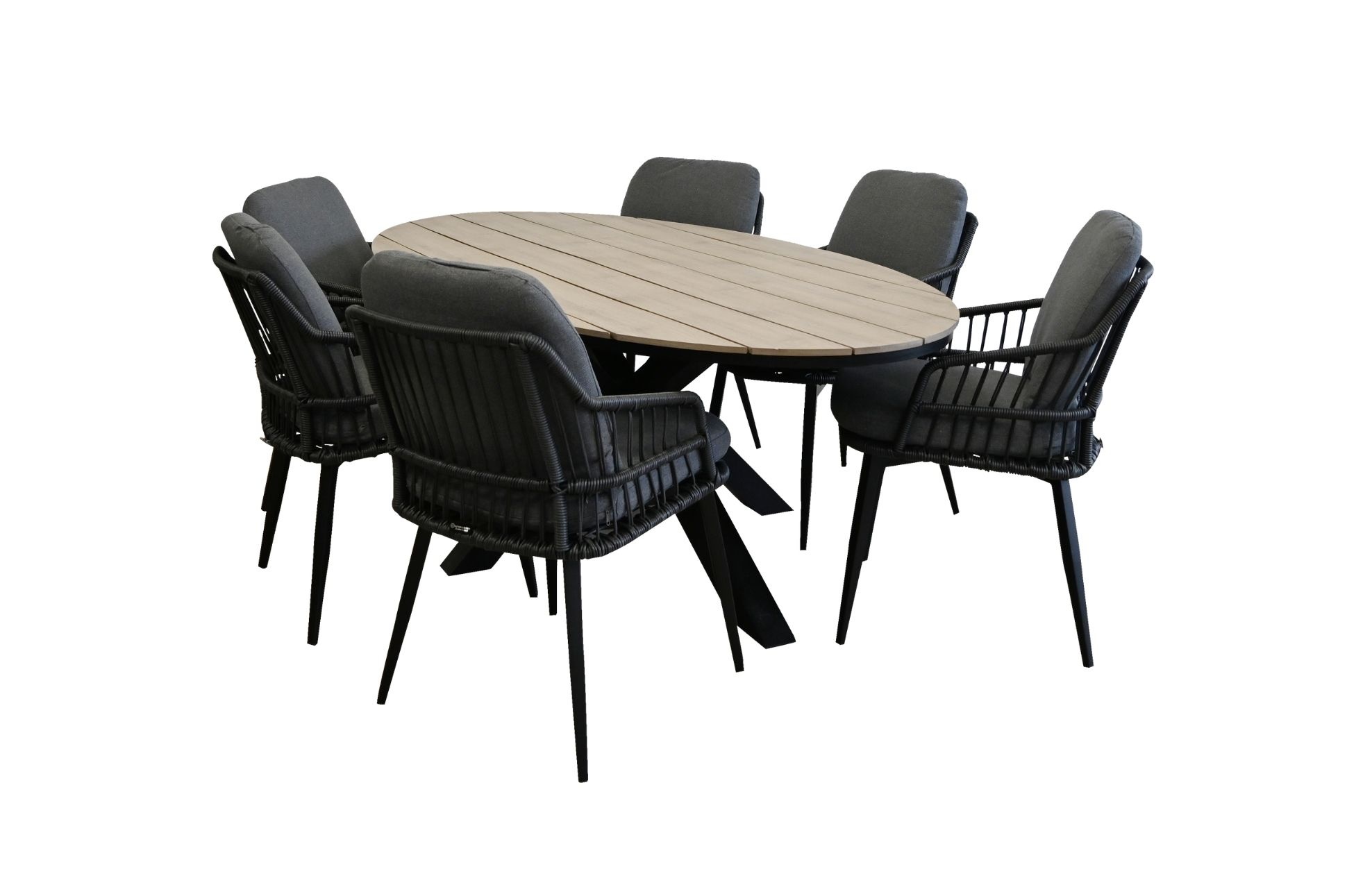 4 Jahreszeiten Gartenmöbel 7-teiliges Garten-Set | 6 Isabel-Gartenstühle (Schwarz) | 220cm ovaler Limasol-Gartentisch (Holz)