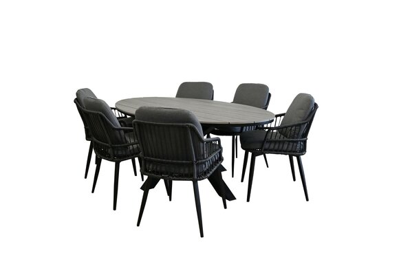 7-teiliges Garten-Set | 6 Isabel-Gartenstühle (Schwarz) | 220cm ovaler Limasol-Gartentisch (Grau)