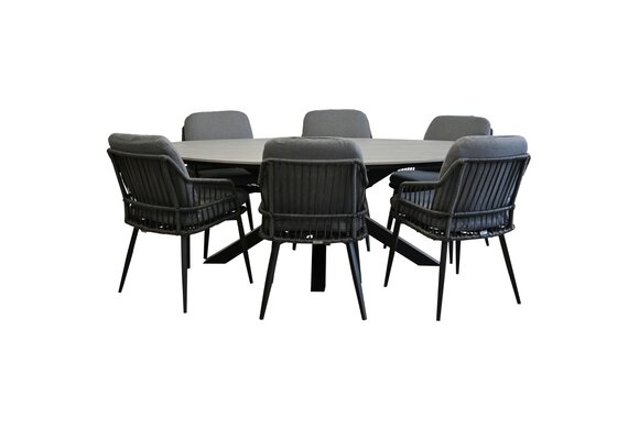 7-teiliges Garten-Set | 6 Isabel-Gartenstühle (Schwarz) | 220cm ovaler Limasol-Gartentisch (Grau)