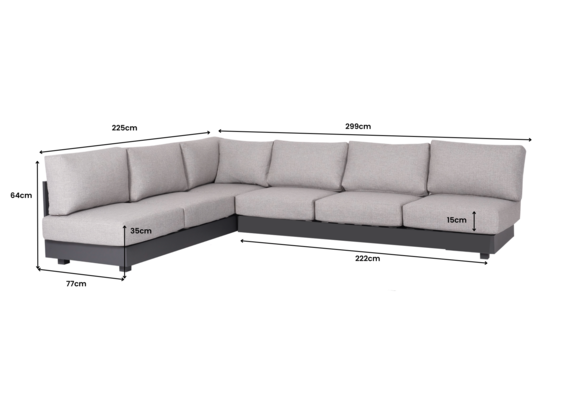 Eck-Lounge-Set Fosega | 225 x 299 cm | 7-Teilig | mit Sessel | Mattschwarz / Steingrau | Aluminium