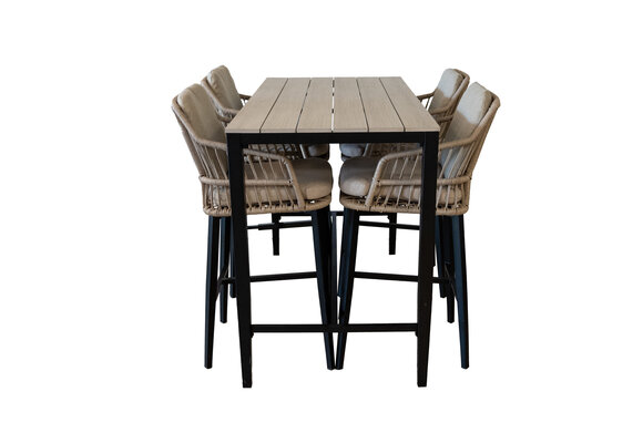 5-teiliges Gartenbar-Set | 4 Isabel Barhocker |  Limasol Bartisch 150 x 75 cm Holz  | Sand & Holz