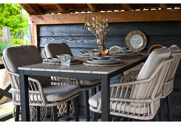 5-teiliges Gartenbar-Set | 4 Isabel Barhocker |  Limasol Bartisch 150 x 75 cm Holz  | Sand & Holz