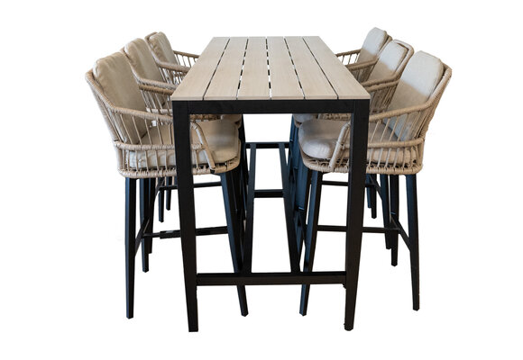 7-teiliges Gartenbar-Set | 7 Isabel Barhocker |  Limasol Bartisch 200 x 75 cm Holz  | Sand & Holz