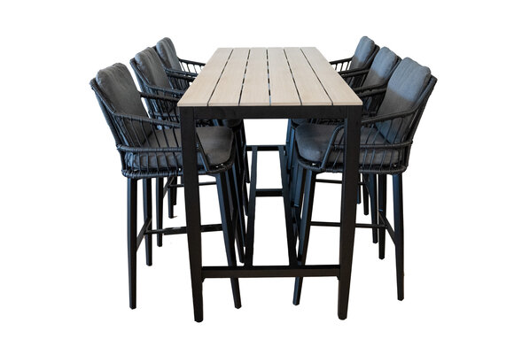 7-teiliges Gartenbar-Set | 7 Isabel Barhocker Schwarz |  Limasol Bartisch 200 x 75 cm Holz