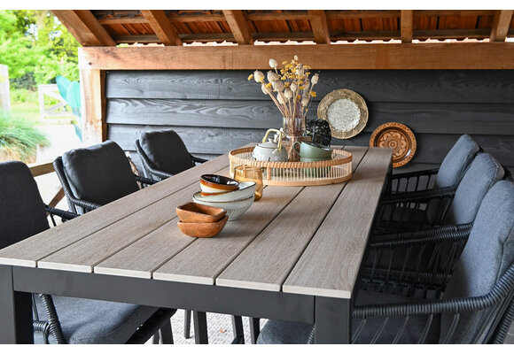 7-teiliges Gartenbar-Set | 7 Isabel Barhocker Schwarz |  Limasol Bartisch 200 x 75 cm Holz