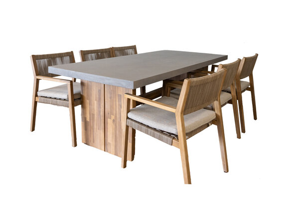 7-teiliges Gartenset | 6 Felline-Stühle | 210x100cm Rock Gartentisch | Betonoptik