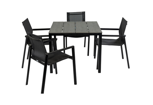 5-teiliges Garten-Set | 4 Delia-Gartenstühle | 90 x 90 cm Limasol-Gartentisch | Textil & Polywood | Schwarz & Grau