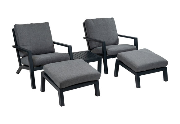 Sessel Lounge-Set | 2 Bezano Lounge-Sessel mit Hockern & Beistelltisch | Aluminium | Grau