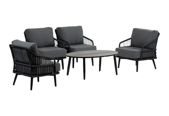 Sessel Lounge-Set | 4 Isabel Lounge-Sessel | Mykonos Beistelltisch oval (120 x 75 cm) | Grau & Schwarz