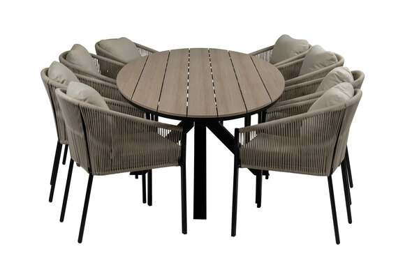 9-teiliges Garten-Set | 8 Elvira Gartenstühle (Schwarz) | 280 cm ovaler Limasol-Gartentisch (Wood)